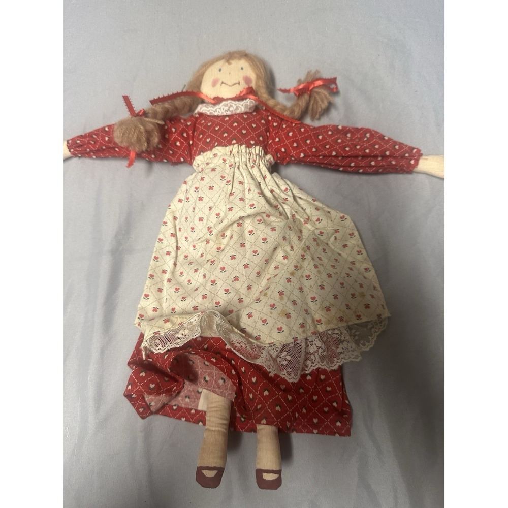 Vintage Handmade Folk Art‎ Doll Fabric Yarn Hair Dress Apron